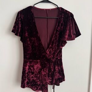 Burgundy Velvet Wrap Top | V-Neck Flutter Sleeve Going Out Holiday Top Size L